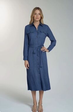 DKNY Denim Blue Long Sleeve Belted Midi Shirtdress Cotton Robe Dress Size 6